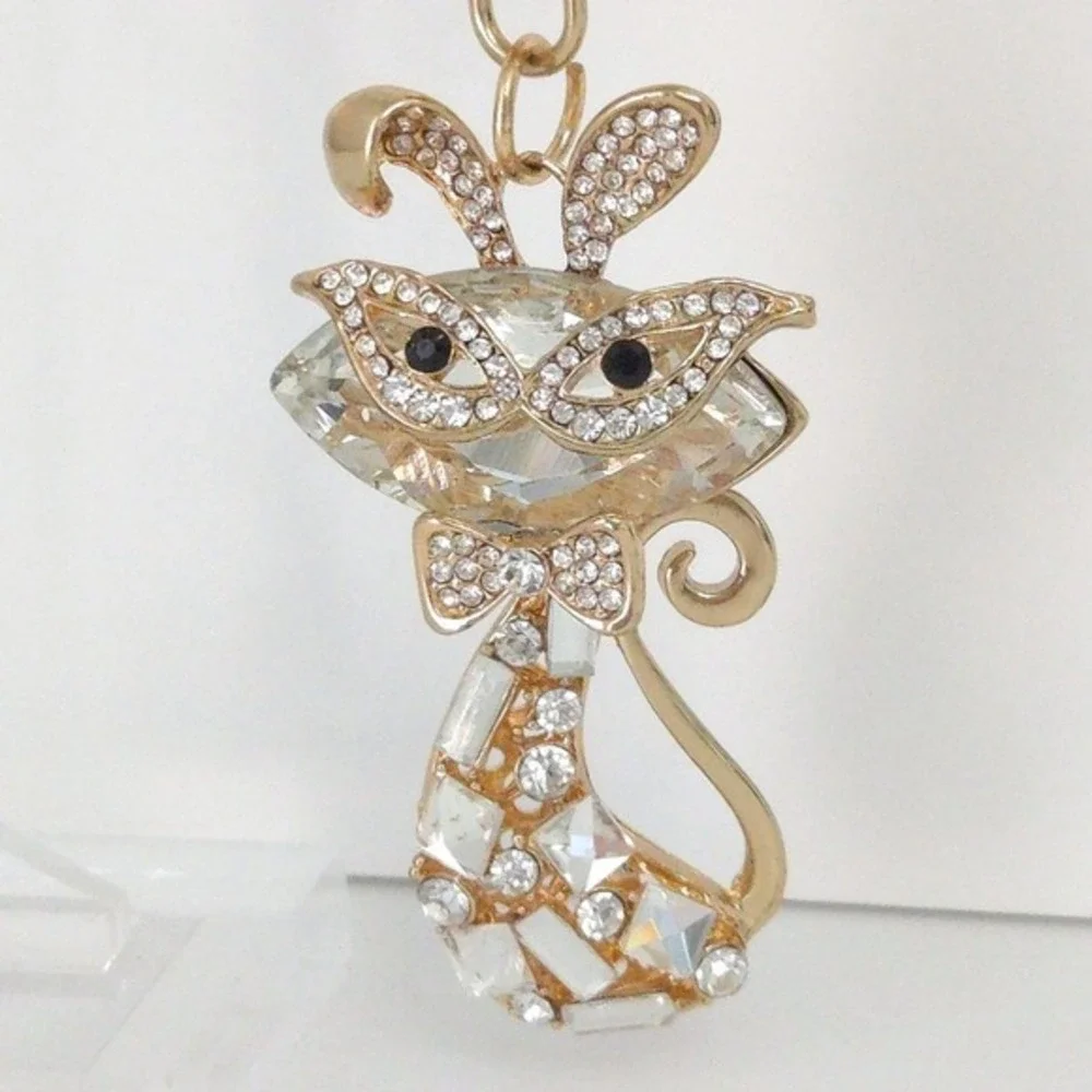 Cat with Glasses Gold & Rhinestone Whimsical Keychain /‎ Purse Charm